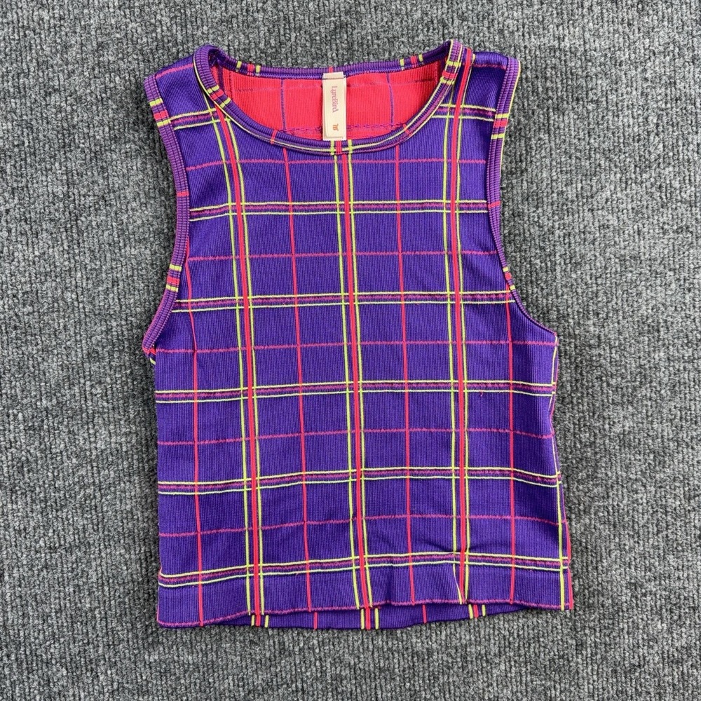 LyreBird Tank Top Jacquard Purple Plaid Sleeveless Stretch Summer Casual XXS/XS